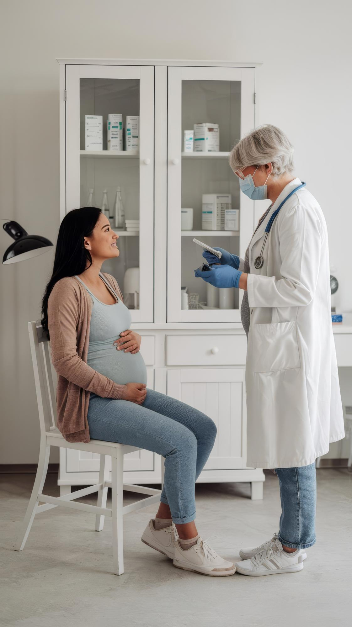 A doctor consulting with a pregnant patient in a clinic